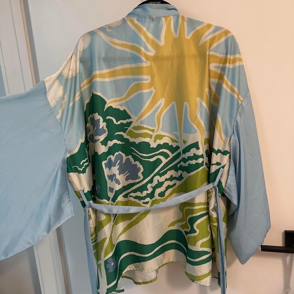 UO Printed Kimono Boho Satin Robe Whimsical Funky Lingerie Top OS